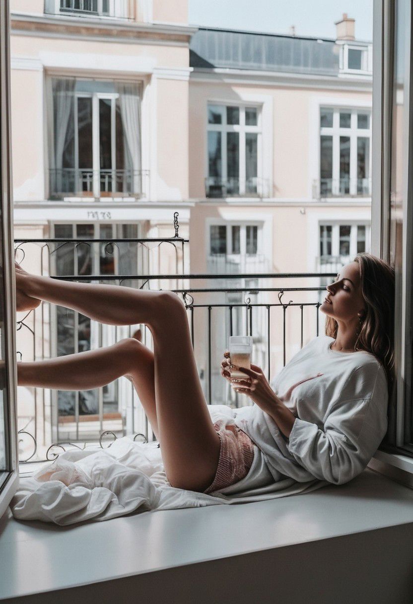 Ultra Realistic, girl, lying next to the window, legs up, chilling