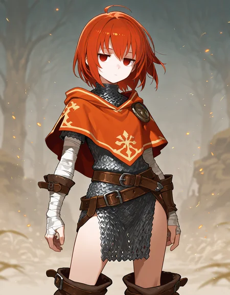 1woman, solo, beautiful,
portrait, flat chest,
standing, legs apart, contrapposto,
jitome, expressionless, empty eyes
fantasy, dark fantasy, D&D theme, D&D adventurer,
poncho,
long tunic, pelvic curtain,
chainmail dress, layered clothes, chainmail skirt,
arm wraps, bandages, arm bandages,
thick belt, loose belt,
detached pant legs, masterpiece, best quality, amazing quality, very aesthetic, absurdres, newest, a professional, high quality,
