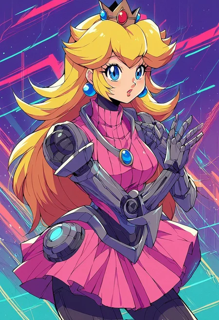 score_9, score_8_up, score_7_up, source_anime, princess peach, blonde hair, blue eyes, long hair, 1 robot, mechanical, mechanical body, mechanical head, blue and violet light, white, retrowave background, antique, manga style, retro ink, <lora:wrnchexpwhimsicalvisions:1>, wrnchexpwhimsicalvisions, silhouette, double exposure,
