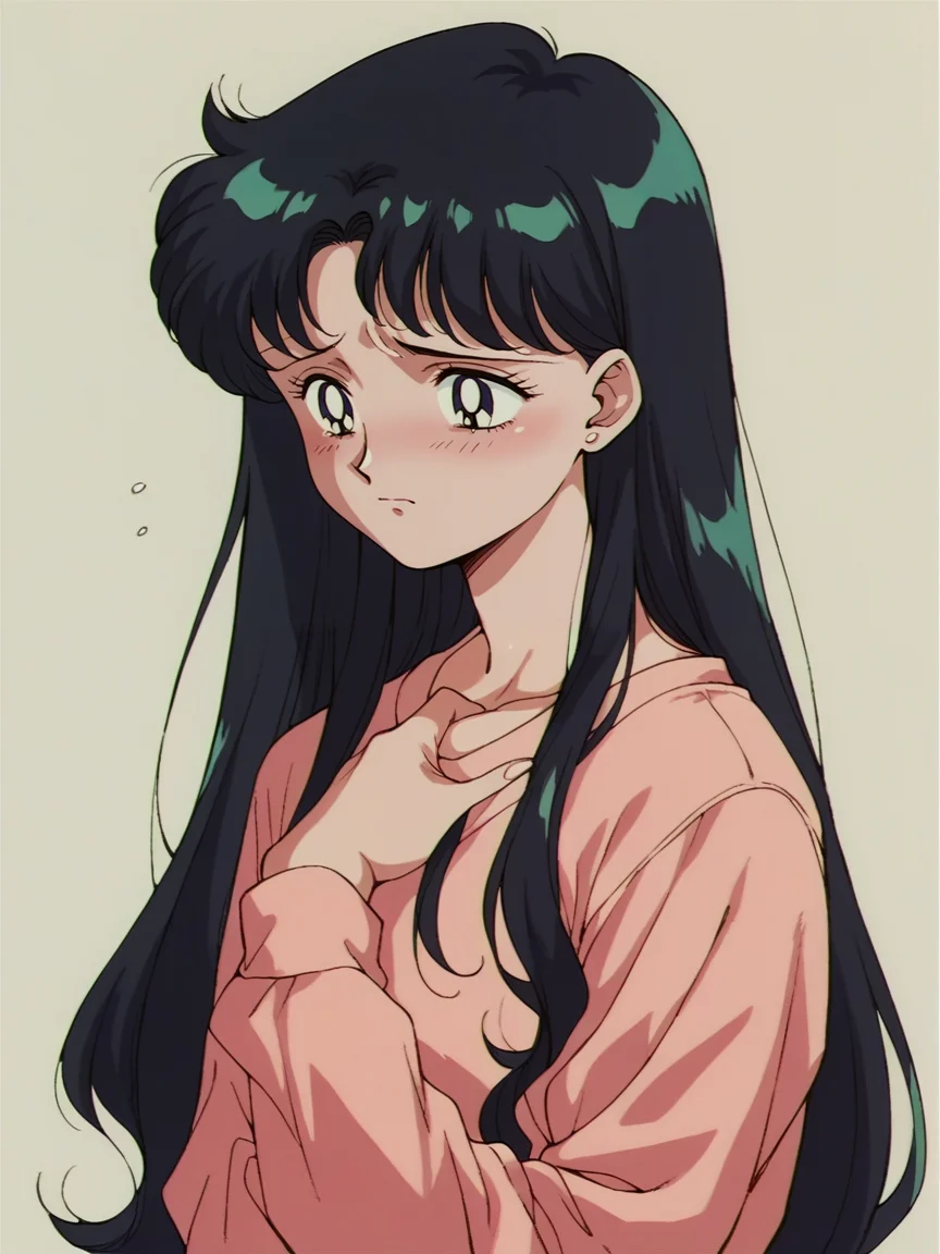 score_9, score_8_up, score_7_up, score_6_up, score_5_up, <lora:s41l0rm00nXLP:1> s41l0rm00n, retro artstyle, 1girl, black hair, long hair, sad