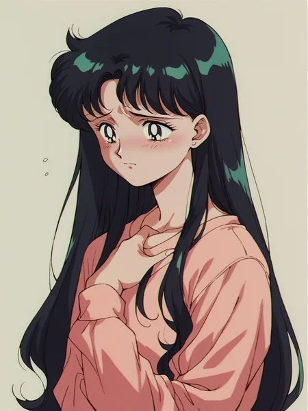 score_9, score_8_up, score_7_up, score_6_up, score_5_up,   <lora:s41l0rm00nXLP:1> s41l0rm00n, retro artstyle, 1girl, black hair, long hair, sad