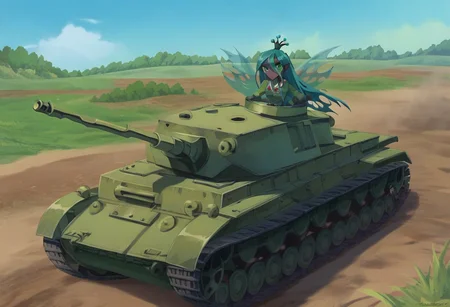 (((beautiful, high-quality)), , score_9, score_8_up, score_7_up, Equestria Girls, solo, Queen Chrysalis, black skin, long green hair, green streaks, green eyes, black uniform, military uniform, looks out of tank hatch, pnzr4tnk , tank commander, ground vehicle, military vehicle, caterpillar tracks,
