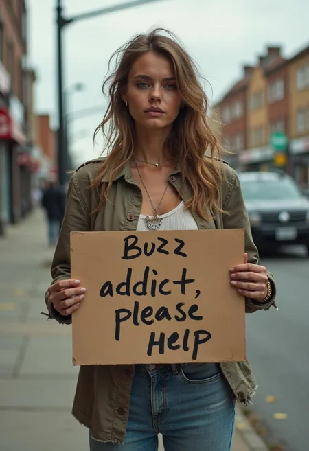 Stunning photograph of a crackwhore on the side of the street. cowboy shot, She's wearing torn clothes. She's beautiful but hair is a mess. feminine figure. She looks tired. She is holding a sign that says "Buzz addict, please help"