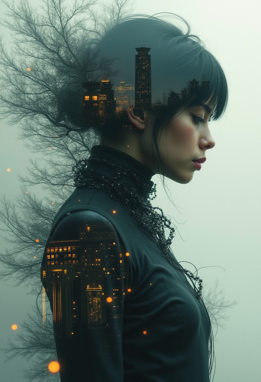 masterpiece, professional artwork, intricate details,  inspired by Jeremy Mann and Tom Bagshaw, glitch,  double exposure, fantasy theme, hologram