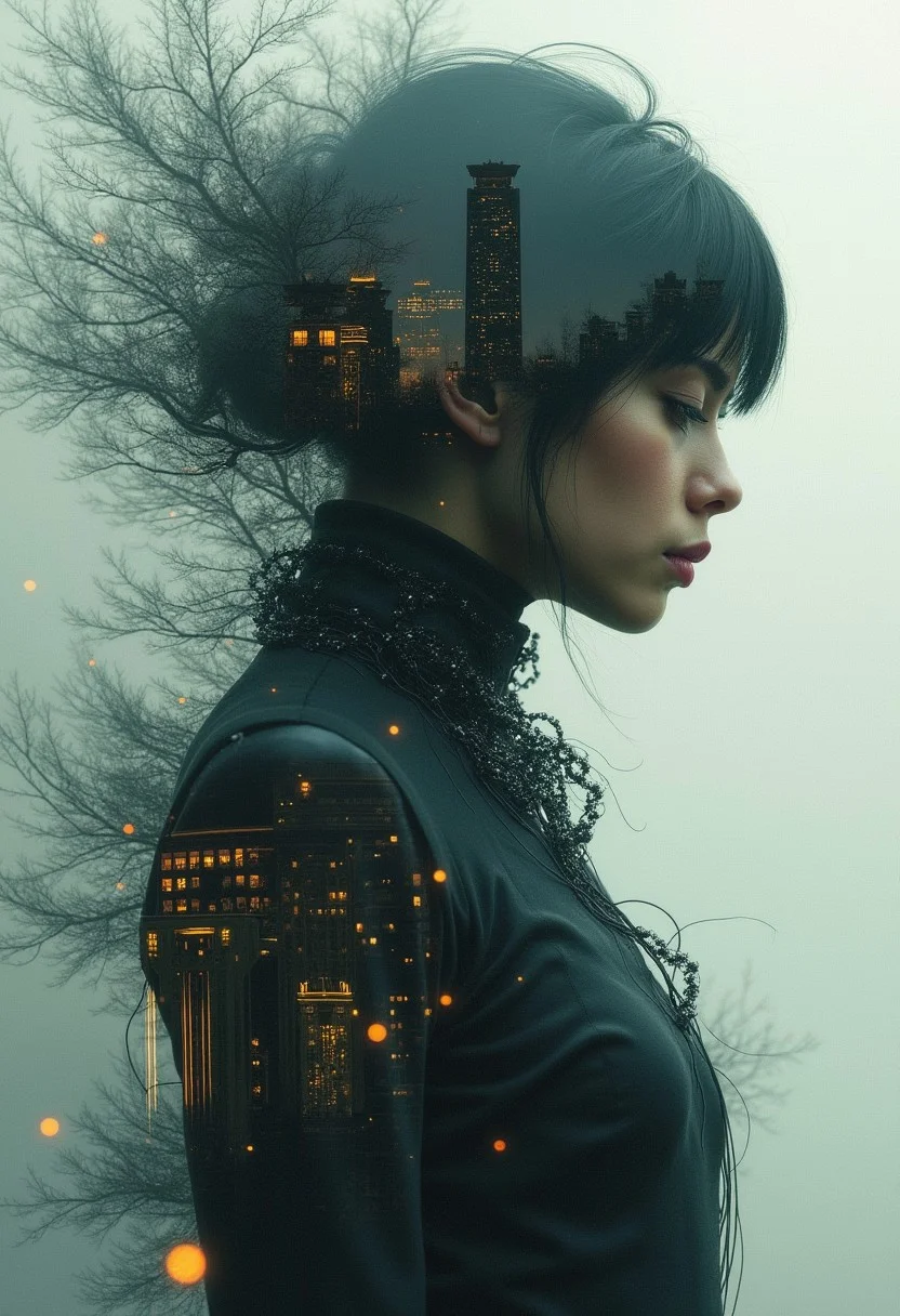 masterpiece, professional artwork, intricate details,  inspired by Jeremy Mann and Tom Bagshaw, glitch,  double exposure, fantasy theme, hologram