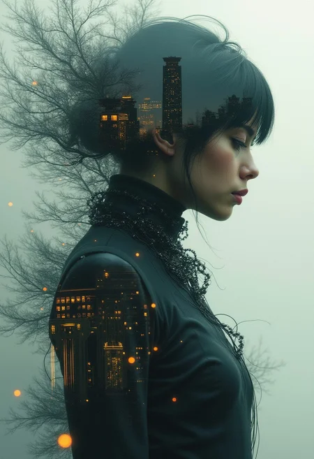 masterpiece, professional artwork, intricate details, inspired by Jeremy Mann and Tom Bagshaw, glitch, double exposure, fantasy theme, hologram