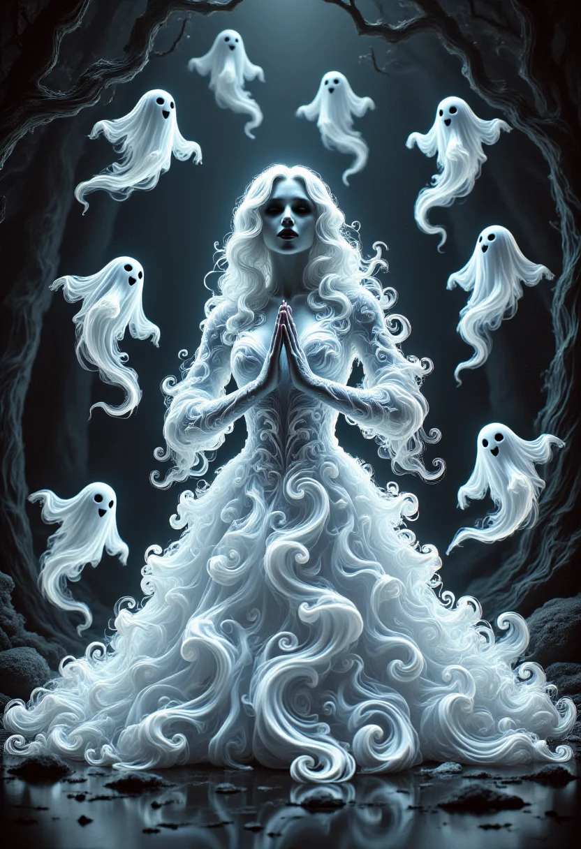 aidmafluxpro1.1,
A pale woman is wearing a glowing dress made of ghosts. she has a pale skin, detailed blue eyes and red lipstick. She's praying to a false idol. The scene is set in a dark twisted forest where swirly ghosts are flying around here.
masterpiece, best quality