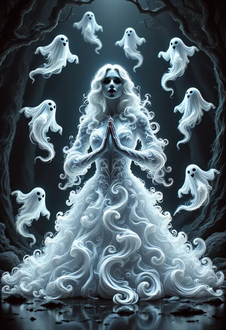 aidmafluxpro1.1,
A pale woman is wearing a glowing dress made of ghosts. she has a pale skin, detailed blue eyes and red lipstick. She's praying to a false idol. The scene is set in a dark twisted forest where swirly ghosts are flying around here.
masterpiece, best quality