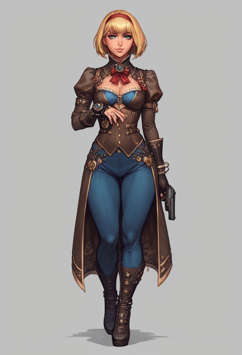 score_9, score_8_up, score_7_up, score_6_up, jsc0tt, 1girl, portrait, ((steampunk)), Alice, blonde longbob hiarstyle, side bangs, brightness blue eyes,
(((full-clothed))), ((long big steampunk pistol in hands, steampunk handgun in hands))
BREAK 
strange world background score_9, score_8_up, score_7_up, score_6_up, source_cartoon, rating_explicit, Expressiveh, (((((full body))))), dynamic pose