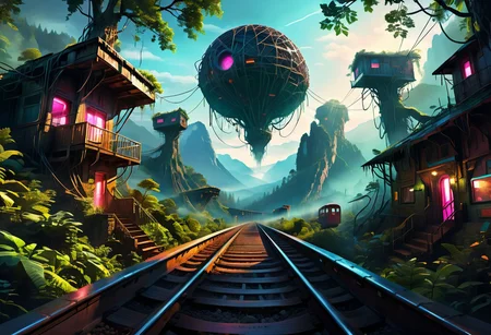 "You're a passenger travelling first class on a train without a roof. This current portion of the journey, the , gaining altitude to eventually arrive at the mountain pass off in the distance. Looking straight ahead, you see that the tracks are flanked on either side by towering forest. The canopy of the forest is remarkably adorned with (a network of tree-houses of neo-brutalist curved design." ((cinematic concept-art illustration, low angle, rectilinear composition)),(neon nightmare fantasy fever dream),