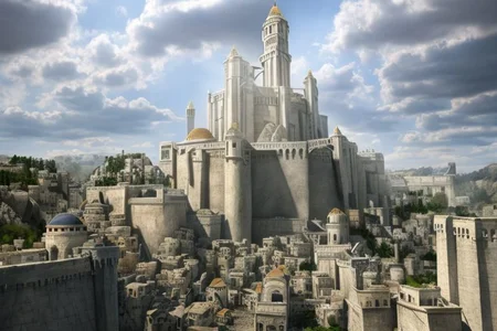 (masterpiece:1.2), (best quality,:1.2), 8k, HDR, ultra detailed, ((photorealistic)), professional light, cinematic lighting, fashion photography, ambient lighting, atmospheric effects, Numenor, an impressive fortress in a big medieval fantasy city on a mountain, high towers, high walls, <lora:Numenor-10:1>, in the style of Middle Earth, Tolkien, Minas Tirith, epiCPhoto