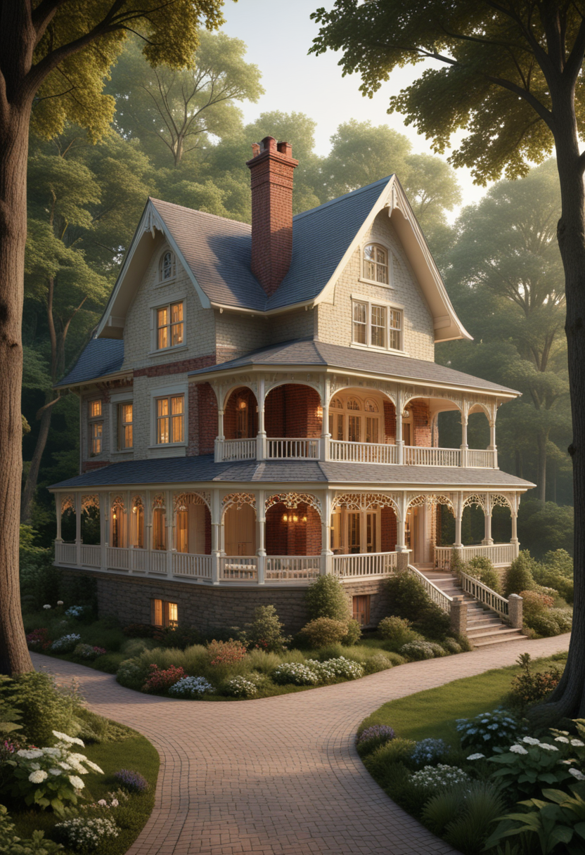 (medium full shot) of (majestic house) with brick cream exterior, victorian, butterfly roof, bay windows, sliding doors, wrap-around porch, located in  a woodland cottage, with rustic charm, garden pathways, nearby stream, nature-inspired design, at dawn, Masterpiece,best quality, photo, realistic, very aesthetic,