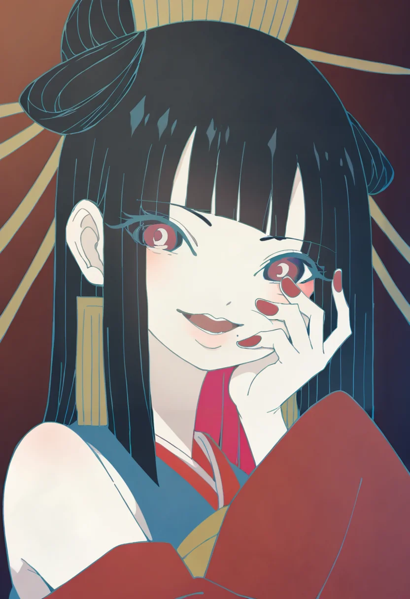 masterpiece, best quality, source_anime, uncensored, score_9, score_8_up, score_7_up, score_6_up, score_5_up, score_4_up, 1girl, solo, hyururirapappa, long hair, black hair, multicolored hair, colored inner hair, bangs, hime cut, single hair bun, blunt bangs, hair ornament, hair stick, purple eyes, mole under mouth, earrings, kimono, japanese clothes, sash, bare shoulders, wide sleeves, detached sleeves, upper body, close-up, hand on face, hand on cheek, open mouth, smile, looking at viewer, red nails <lora:tuki._HYURURIRAPAPPA:0.9> <lora:add-detail-xl:0.6> <lora:cfg_scale_boost:0.5>