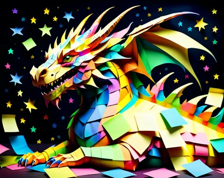 a massive colorful dragon with fine scales made out of Jed-StickyN, laying down on his side asleep, (eyes closed, head down, neck stretched out, head on front feet:1.3), dynamic angle, dark fantasy, intricate details, ultra wide shot, zoomed out, front view
<lora:StickyNotesStyle:1>, <lora:add-detail-xl:0.7>, <lora:sd_xl_dpo_lora_v1:1>, <lora:xl_more_art-full_v1:0.3>, set against a background of a starry sky,