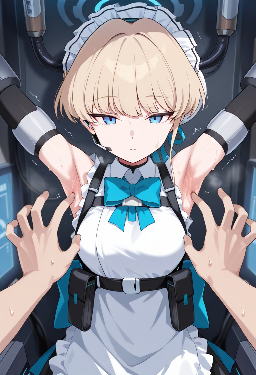 score_9, score_8_up, score_7_up, source_anime, masterpiece, high quality, best quality, highly detailed, insanely detailed, very aesthetic, absurdres, indoors, underground, sci-fi lab, dark room, hot temperature, sultry room, depth of field, front view, upper body, male pov, pov hand, tickling armpits, tkl, stationary restraints, metal restraints,
BREAK, 
 1GIRL, solo, Toki_(Blue_Archive), blue_eyes, blonde_hair, short_hair, single_hair_bun, medium_breasts, blue_halo, maid, maid_headdress, maid_apron, frilled_apron, hair_ribbon, blue_ribbon, black_dress, black_gloves, elbow_gloves, chest_harness, belt_pouch, sleeveless, blue_bowtie, earpiece, thigh_strap, armpit crease, (shiny skin, sweat), five fingers, trembling, expressionless, feeling ticklish, exhausted, tired, swelter, feeling hot, very sweaty skin, dripping sweat, sweating, steaming body, arms up, stretched arms, stretched legs, restrained,
