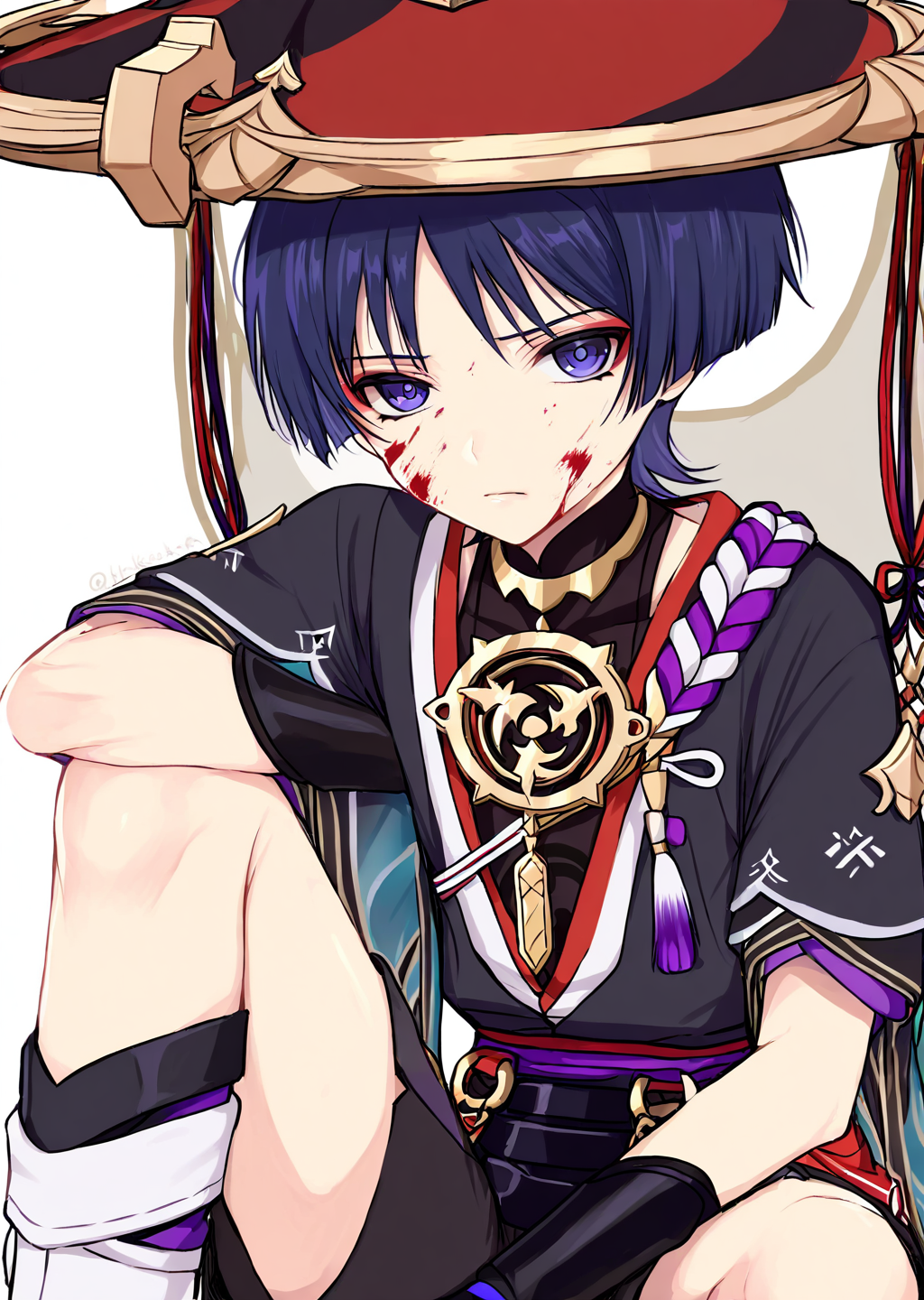 <lora:ShimizuAkina250126:1>,ShimizuAkina,1boy,male focus,scaramouche \(genshin impact\),solo,blood on face,hat,blood,jingasa,looking at viewer,sitting,kurokote,japanese clothes,japanese armor,kote,armor,purple eyes,short sleeves,shorts,white background,<lora:NOOB_vp1_detailer_by_volnovik_v1:1>,<lora:noobai_ep11_stabilizer_v0.138_fp16:1>,