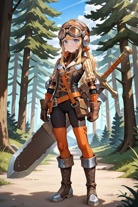 masterpiece, very aesthetic, absurdres, best quality, amazing quality, high resolution, <lora:illustrious_quality_modifiers_masterpieces_v1:0.8> , <lora:ChamIllustriousBackgroundEnhancer:0.5>,  solo   <lora:InzaghiIL:0.8> , InzDef, 1boy, blonde hair, sidelocks, long hair, blue eyes, goggles, goggles on head, goggles on headwear, helmet, armor, elbow pads, orange straps, popped collar, layered shirt, cross-laced top, black bodysuit, bodysuit under clothes, striped sleeves, long sleeves, orange thighhighs, gloves, brown gloves, boots, armored boots, brown boots, weapon, huge weapon, sword, sheathed, sword on back, weapon on back,  exterior, looking at viewer, full body, standing, solo, male focus, exterior,  forest overlooking a castle town in the background, medieval fantasy, serious expression,