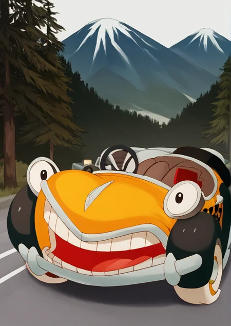 score_8_up, score_7_up, illustration, source_manga, rating_safe, r3tr0XLP ,<lora:r3tr0XLP:0.7>, b3NnyC4b, benny, cartoon car, cartoon taxi, large eyes, headlight eyes, grill mouth, happy expression, yellow cab, steering wheel, checkered pattern, white tires, flat tires, no driver,   <lora:Benny_The_Cab_-_Who_Framed_Roger_Rabbit_1988_-_Pony-000008:1>, break,  (in the countryside with trees and mountains, :1.2), front view