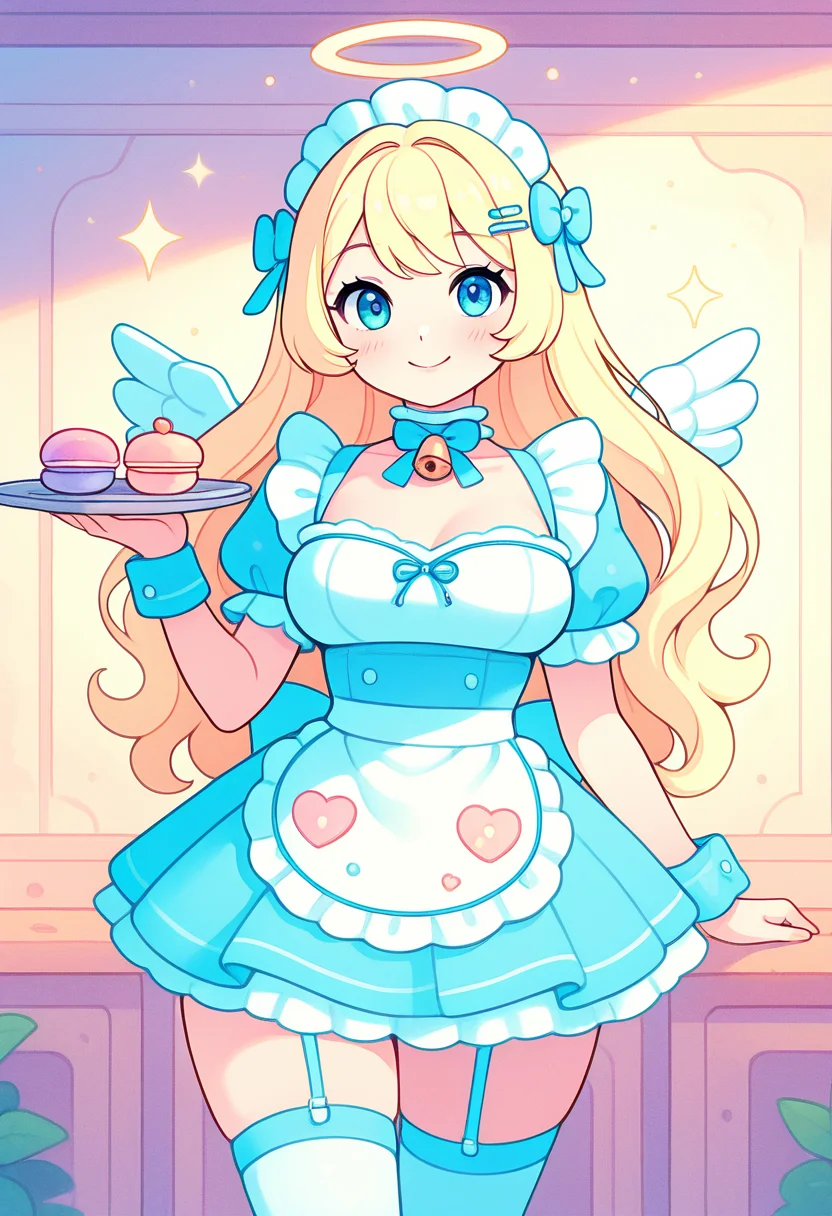 masterpiece, best quality, solo, curvy, beautiful eyes, narrow waist, wide hips, 1girl, solo, smile, looking at viewer, dynamic angle, foreshortening, close up,    1girl, solo, blonde hair, wavy hair, angel, angel wings, halo, smile,   k4w4iim1r41, cute outfit, pastel clothes,  <lora:KawaiiMirai_IXL:1.2>, [Frosted Macaron Maid], icy blue maid dress with ruffles, puff sleeves with satin bows, lace apron with embroidery, thigh-high stockings with garters, macaron hairpins, bow choker, bell cuffs, tea tray with desserts, ornate cafe interior, shimmering chandeliers, polite curtsy, soft giggle,