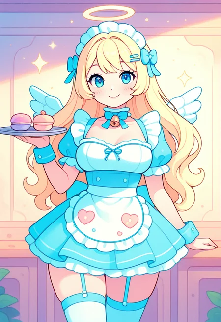 masterpiece, best quality, solo, curvy, beautiful eyes, narrow waist, wide hips, 1girl, solo, smile, looking at viewer, dynamic angle, foreshortening, close up,    1girl, solo, blonde hair, wavy hair, angel, angel wings, halo, smile,   k4w4iim1r41, cute outfit, pastel clothes,  <lora:KawaiiMirai_IXL:1.2>, [Frosted Macaron Maid], icy blue maid dress with ruffles, puff sleeves with satin bows, lace apron with embroidery, thigh-high stockings with garters, macaron hairpins, bow choker, bell cuffs, tea tray with desserts, ornate cafe interior, shimmering chandeliers, polite curtsy, soft giggle,