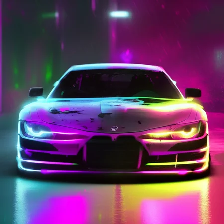a photo of a car is shown in a tunnel with a neon light around it and a circular light behind it that is purple, art by carstestv3