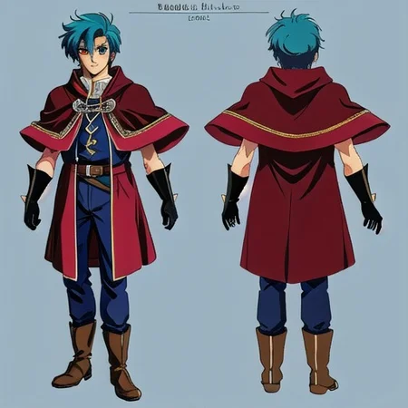 anime, 1man, man blue spike hair, short hair, red eyes, man mage, brown cloak, medieval fantasy, green boots, long gloves, retro anime, retro style, 1980s \(style\), dungeons and dragon, dark fantasy, simples background, model sheet, character design, chara-sheet