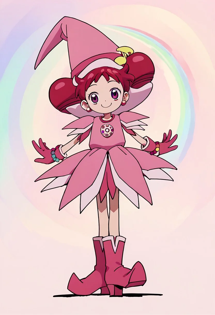 score_9, score_8_up, score_7_up BREAK Doremi2, 1girl, short red hair, purple eyes, fuchsia pearl earrings, odango pigtails, pink witch hat, fuchsia hat band with yellow musical note, layered short-sleeve pink dress, rainbow pearl circle chest badge, fuchsia gloves, fuchsia white boots, rainbow pearl wristband, full body, smiling at viewer,
