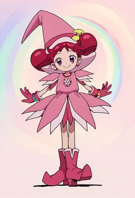score_9, score_8_up, score_7_up BREAK Doremi2, 1girl, short red hair, purple eyes, fuchsia pearl earrings, odango pigtails, pink witch hat, fuchsia hat band with yellow musical note, layered short-sleeve pink dress, rainbow pearl circle chest badge, fuchsia gloves, fuchsia white boots, rainbow pearl wristband, full body, smiling at viewer,