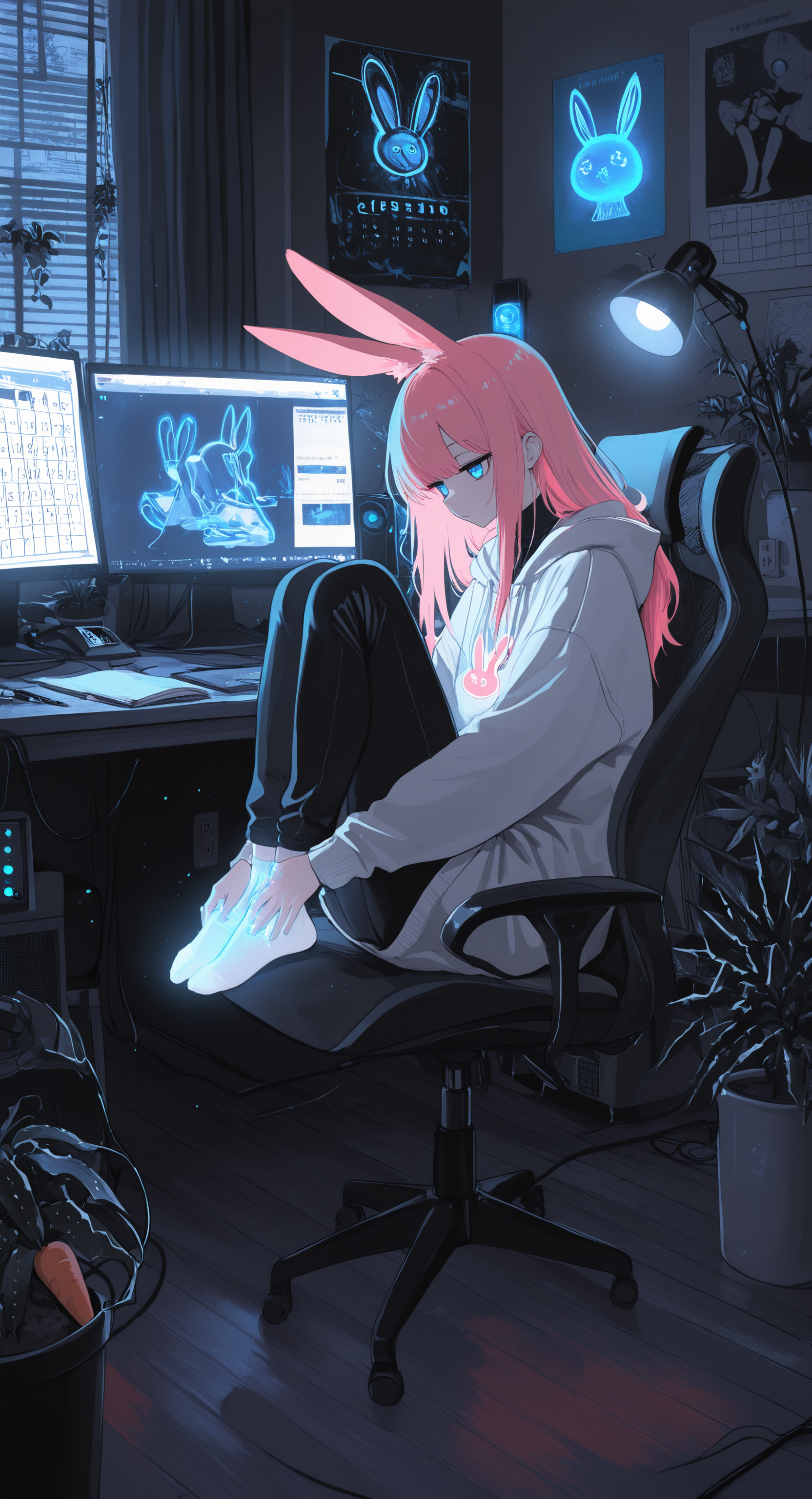 masterpiece, best quality, good quality, very awa, newest, highres, absurdres, 1girl, solo, long hair, blue eyes, long sleeves, animal ears, sitting, pink hair, socks, pants, indoors, hood, rabbit ears, cup, book, window, hoodie, turtleneck, white socks, no shoes, chair, hood down, plant, curtains, knees up, desk, jitome, wooden floor, mug, pen, potted plant, cable, lamp, on chair, carrot, white hoodie, pencil, monitor, swivel chair, poster \(object\), grey hoodie, office chair, trash can, speaker, rabbit print, calendar \(object\), desk lamp, cactus, electrical outlet, electric plug, holding own foot, feet on chair, limited palette, glowing, <lora:illustriousXL_stabilizer_v1.23:0.3> <lora:NOOB_vp1_detailer_by_volnovik_v1:0.3> <lora:ponyv6_noobE11_2_adamW-000017:0.3> <lora:114558v4df2fsdf5:0.6> <lora:XXX667:0.4> <lora:mon_monmon2133:0.5>