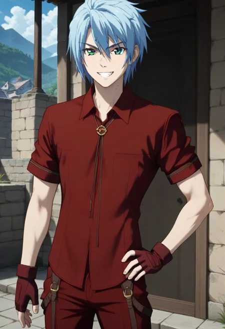 ((masterpiece)), ((best quality)), ((ultra-detailed)), ((absurdres)), score_9_up, score_8_up, score_7_up,
HD, top quality, best quality, amazing quality, High-quality illustrations, anime screencap, source_anime, best aesthetic, perfect proportions, perfect eyes, 1boy, 1male, solo boy, solo male, male focus, solo male focus, Anime, boy, male anime character, anime boy, handsome, attractive, cute, charming, sexy, hot, ((tall, tall body, talk height)), ((slim body, slender body, thin body)), ((front view, front view, front shot, facing front, looking at viewer)), Victor Putin, light blue hair, green eyes, red shirt, dark red fingerless gloves, red pants, updn, easynegative, neghands, Expressiveh, ((big smile with teeth, happy)), ((hand on hip)), ((hand waving 👋)), ((head to hips shot, cowboy shot)), ((blue sky))