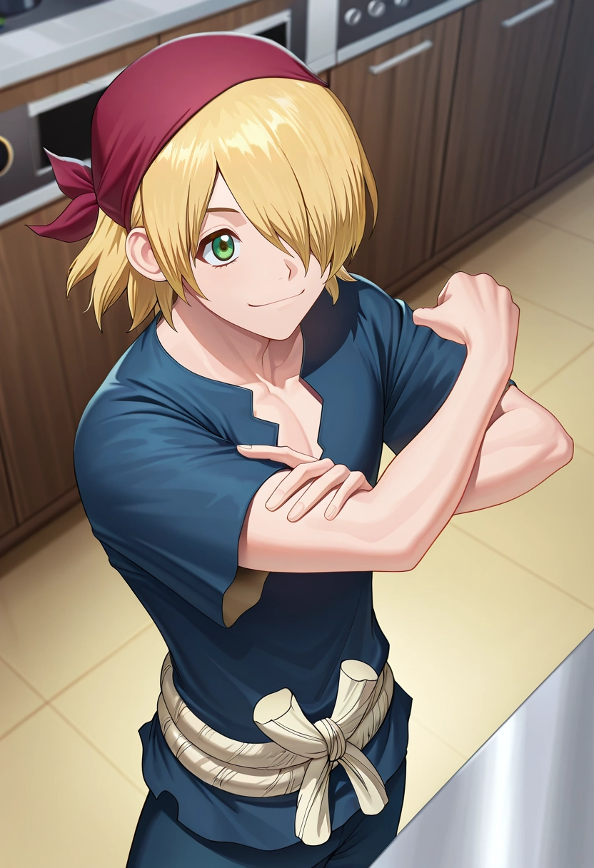 masterpiece, best quality, , semi-realistic,, 1boy, solo, male focus, <lora:ginrou_dr_stone_ilxl:0.98>, ginrou_dr_stone, blonde hair, green eyes, short hair, hair over one eye, blue shirt, short sleeves, from above, kitchen, midnight, (pose), happy, Marble PlumPurple Cotton Quilted pants, Emerald Mock neck pullover, , Bandana,