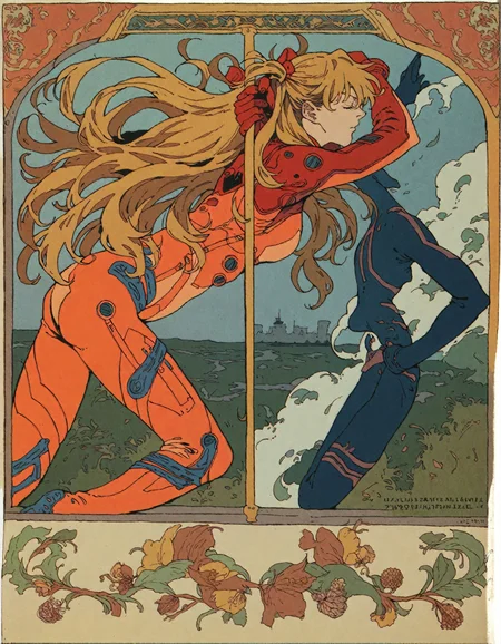 <lora:ivan-bilibin_pony_v1:1> ' asuka ' by bilibin ivan in 1911,design \(genre\),art nouveau \(modern\) \(style\), red plugsuit, Asuka Langley Soryu, score_9, score_6_up, score_7_up