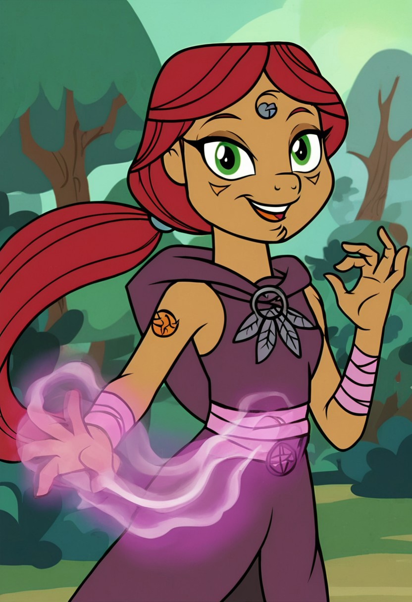 score_9, score_8_up, score_7_up, BREAK, 4nn4Ma4t, 1girl, solo, long hair, green eyes, red hair, dark-skinned female, low ponytail, forest, dynamic view, dynamic pose, action pose, aura, purple and blue aura, hands summoning magic, tossing magic at viewer, smile, looking at viewer,  <lora:Anna_Maht_Pony-000008:0.8>