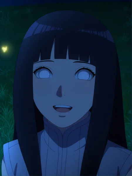 <lora:Hinata_Hyuga:0.8>, hinata, 1girl, solo, long black hair, bangs, white eyes, no pupils, sleeveless gray shirt, high collar, content, happy, open mouth, teeth, standing, portrait, looking at viewer, fireflies, night, grass, low lighting