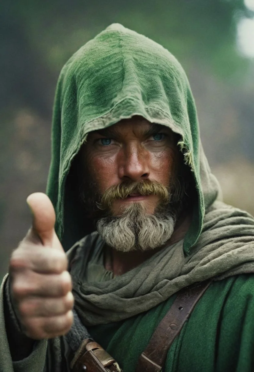 thumb-up pose, aged Link resembling obi wan Kenobi, Epic beard and mustache, the protagonist of Zelda, in a close-up portrait with thumb Up, Show the rugged skin, unkempt beard, Large scar, manly, rough, gritty, the green linen hood pulled low over his face, a mischievous, somewhat intoxicated smile. Let his armor reflect the victories of past battles, worn and weathered but still of great value, much like the hero himself.. , a captivating vibrant dark impression of link from zelda, adult DARK, moody. ethereal, atmospheric haze, Film grain, cinematic film still, shallow depth of field, highly detailed, high budget, cinemascope, moody, epic, OverallDetail, gorgeous, 2000s vintage RAW photo, photorealistic, candid camera, color graded cinematic, eye catchlights, atmospheric lighting, skin pores, imperfections, natural, shallow dof,