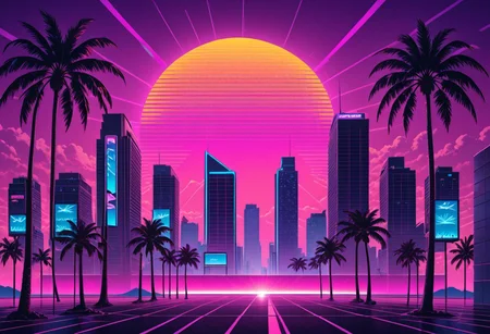 synthwave, neon lights, purple sky, pink horizon, palm trees, retro grid, glowing sun, 80s aesthetic, city skyline, vaporwave vibes