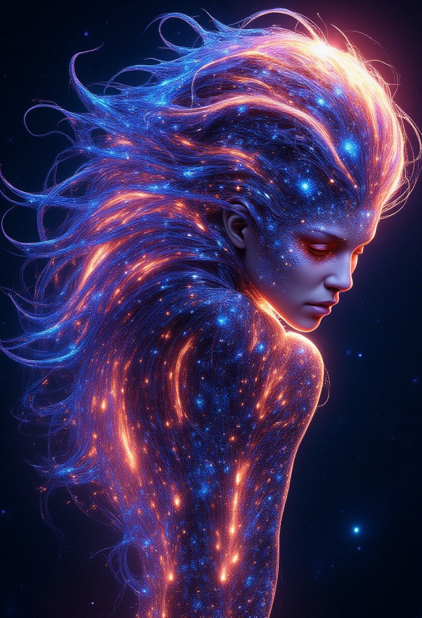 a close-up shot of an ethereal star woman with eyes body and face glowing like galaxies, surrounded by swirling, vibrant cosmic colors, vibrant star planet,  ultra-detailed and photorealistic rendering, soft ambient lighting, starry nebulae in the background, dynamic and radiant color gradients, glowing reflections, cinematic composition, surreal and otherworldly atmosphere, intricate facial features, flowing hair infused with cosmic energy, luminous and ethereal, celestial radiance, soft yet detailed textures, otherworldly beauty
looking up, fingers to cheeks,