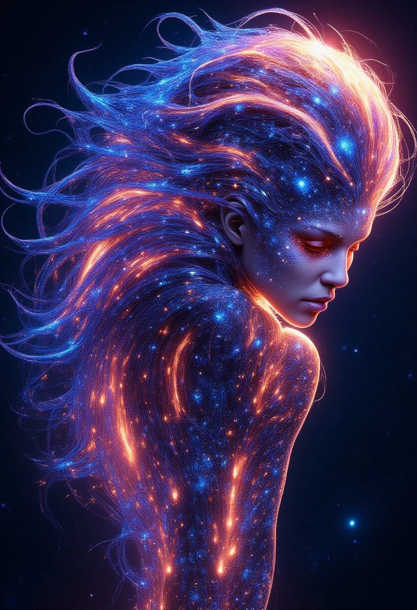 a close-up shot of an ethereal star woman with eyes body and face glowing like galaxies, surrounded by swirling, vibrant cosmic colors, vibrant star planet, ultra-detailed and photorealistic rendering, soft ambient lighting, starry nebulae in the background, dynamic and radiant color gradients, glowing reflections, cinematic composition, surreal and otherworldly atmosphere, intricate facial features, flowing hair infused with cosmic energy, luminous and ethereal, celestial radiance, soft yet detailed textures, otherworldly beauty
looking up, fingers to cheeks,
