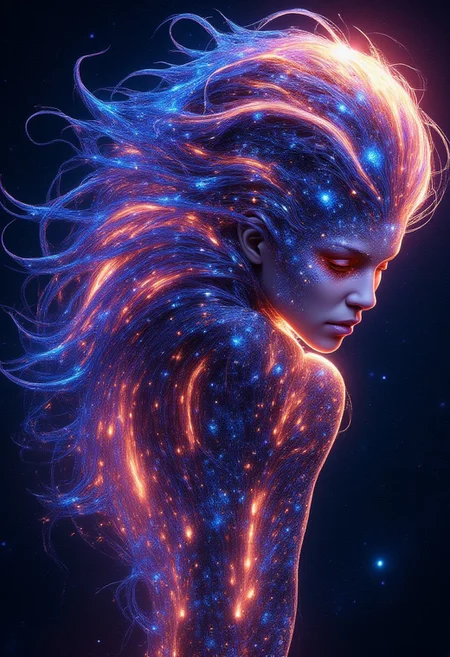 a close-up shot of an ethereal star woman with eyes body and face glowing like galaxies, surrounded by swirling, vibrant cosmic colors, vibrant star planet, ultra-detailed and photorealistic rendering, soft ambient lighting, starry nebulae in the background, dynamic and radiant color gradients, glowing reflections, cinematic composition, surreal and otherworldly atmosphere, intricate facial features, flowing hair infused with cosmic energy, luminous and ethereal, celestial radiance, soft yet detailed textures, otherworldly beauty
looking up, fingers to cheeks,