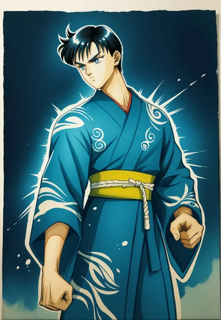 PonyXLV6_Scores Naoko Takeuchi Style, 1boy, male focus, martial artist, kimono, black hair, blue eyes, bishonen, video game character, street fighter, OH GOD, traditional media, FALLENINCURSIO MIGHT KICK ME I AM TIRED, art by whatever, trending on pixiv, WatercolorMangaPDXL