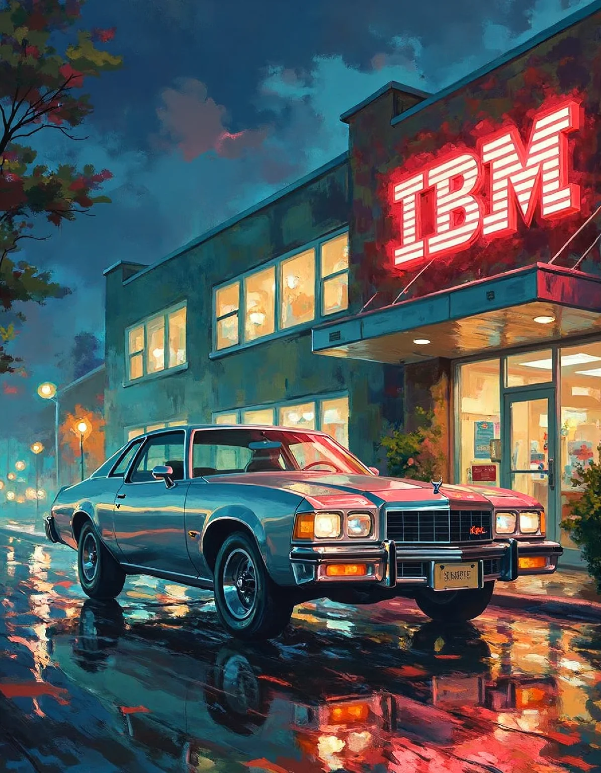 ssf_4bstr4ct painting of a silver 70s car parked in front of an office building with neon sign "IBM" at night