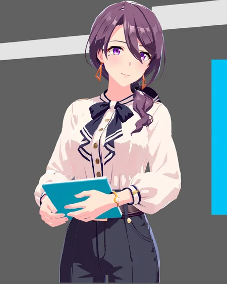 (zPDXL2), score_9, score_8_up, score_7_up, source_anime, best_quality, masterpiece, BREAK, 1girl,solo,
<lora:TsurugiRyoka3DPony:0.9>, TsurugiRyoka, TsurugiClothes, purple_eyes, low_ponytail, purple_hair, large_breasts, earrings, mole_under_eye, white_shirt, black_pants, ribbon, belt, long_sleeves, hair_over_shoulder,
indoors, holding_notebook,
light_smile,