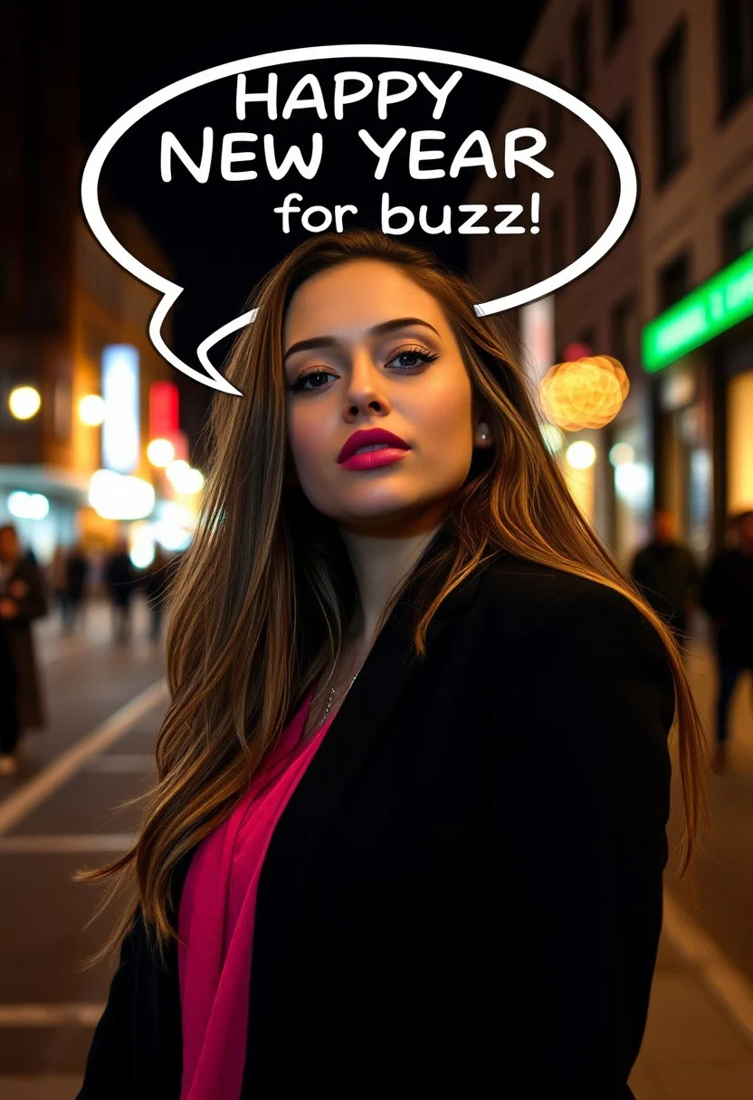 sexy beautiful 25 years old female, ready to kiss, speak bubble above her head that says "HAPPY NEW YEAR for buzz", street, night, close up, looking at viewer.