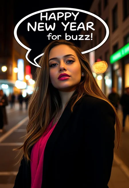 sexy beautiful 25 years old female, ready to kiss, speak bubble above her head that says "HAPPY NEW YEAR for buzz", street, night, close up, looking at viewer.