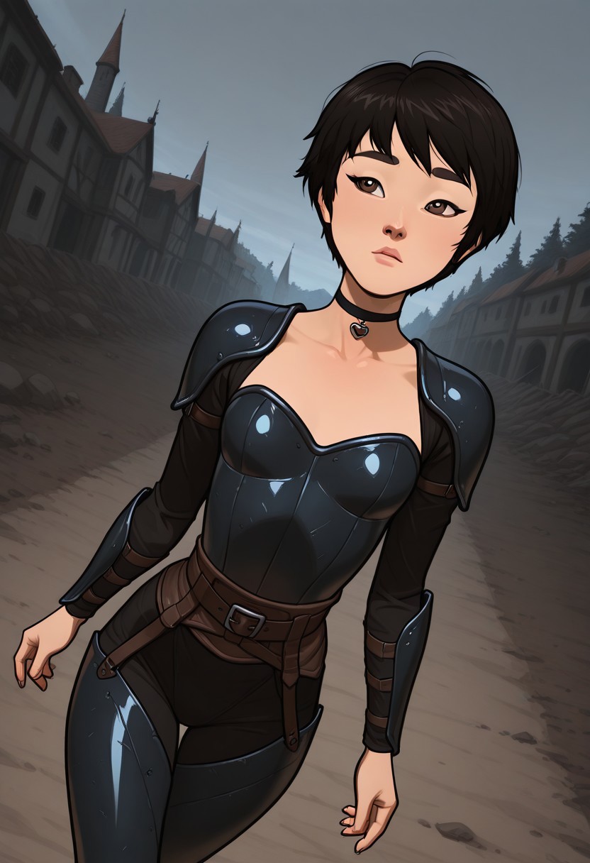 masterpiece,best quality,amazing quality,newest, absurdres, highres, detailed eyes, beautiful, perfect eyes, finely detailed face, very aesthetic, anime coloring, anime screencap, incoth, (incase:0.6),
1girl,  
KimmyDKov, short hair, black hair, brown eyes, slim, small breasts, 
black choker, fantasy armor,  
walking on the street, dynamic pose, dutch angle,
outdoor, medieval setting, battlefield,