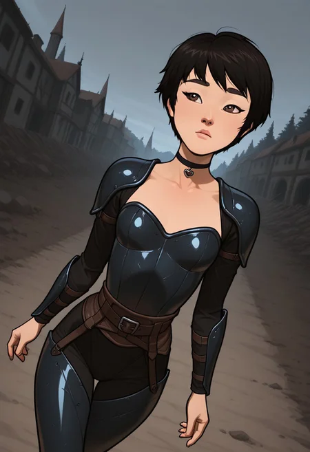 masterpiece,best quality,amazing quality,newest, absurdres, highres, detailed eyes, beautiful, perfect eyes, finely detailed face, very aesthetic, anime coloring, anime screencap, incoth, (incase:0.6),
1girl,
KimmyDKov, short hair, black hair, brown eyes, slim, small breasts,
black choker, fantasy armor,
walking on the street, dynamic pose, dutch angle,
outdoor, medieval setting, battlefield,