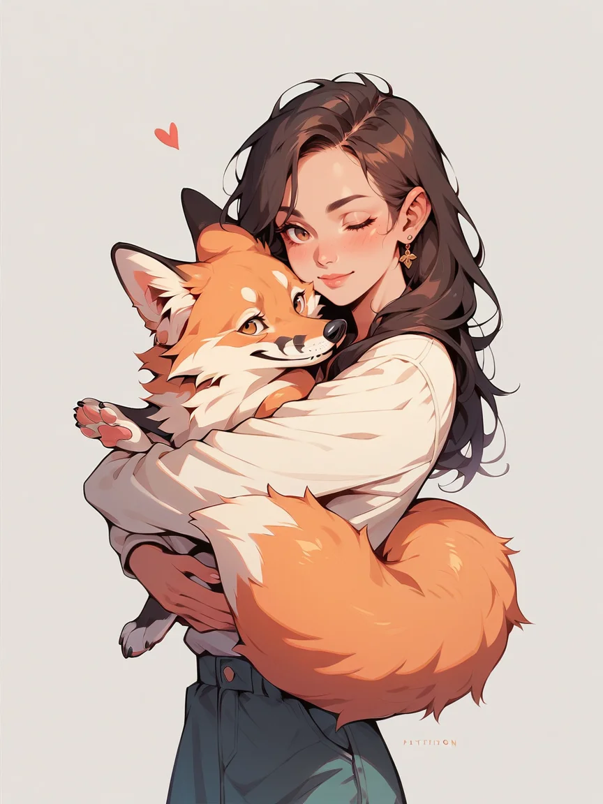 score_9, score_8_up, score_7_up, score_6_up, <lora:p3tl0v3XLP:1> p3tl0v3, 1girl, hugging fox