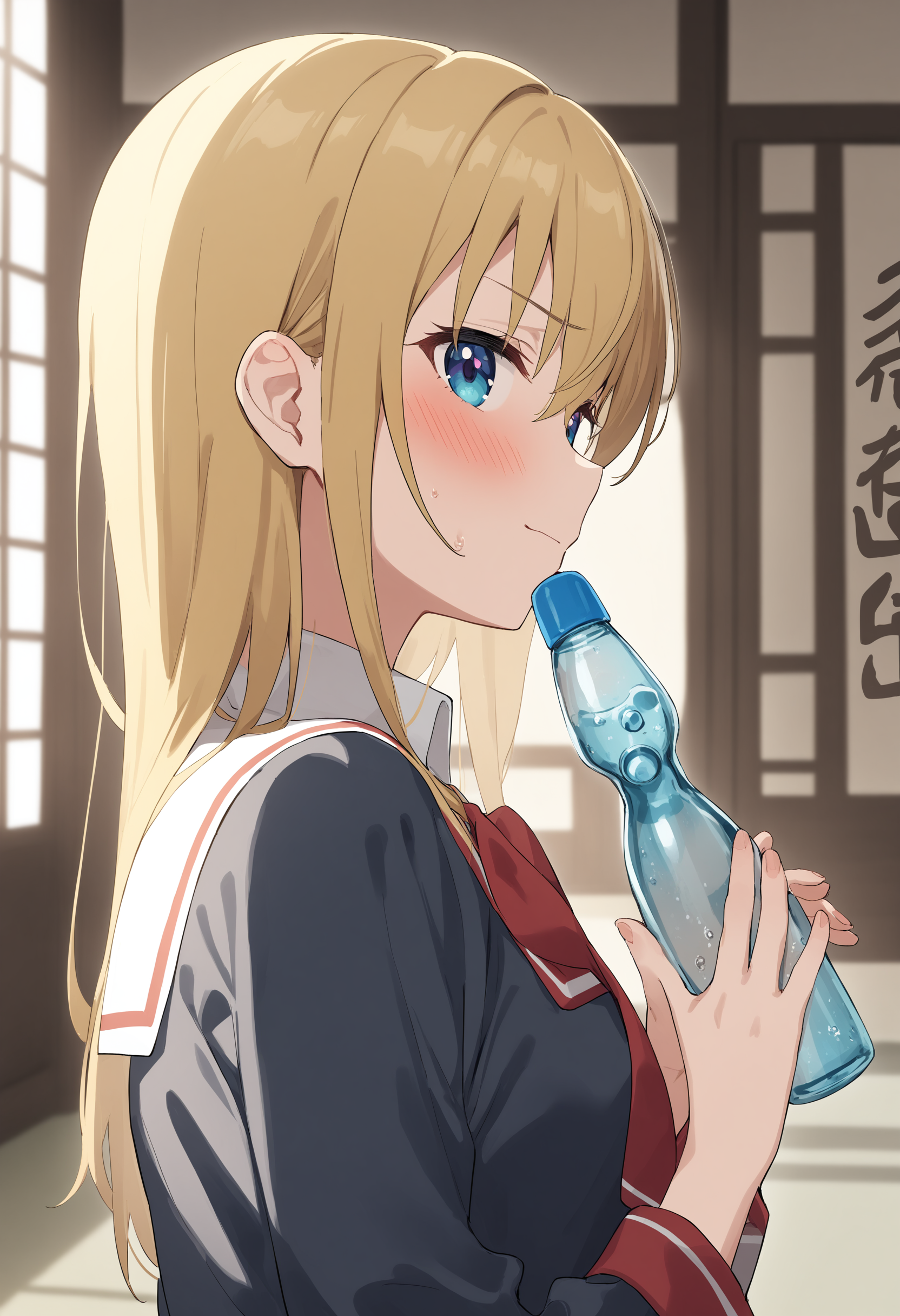 1girl,sincos, ningen mame, toosaka asagi,solo,medium breasts,school uniform,
ramune, holding bottle,<lora:ramune_XL_v1:0.9>
from side, upper body, looking back, blonde hair, black eyes,full face blush, in baroque architecture, closed mouth,
best quality, very aesthetic, absurdres