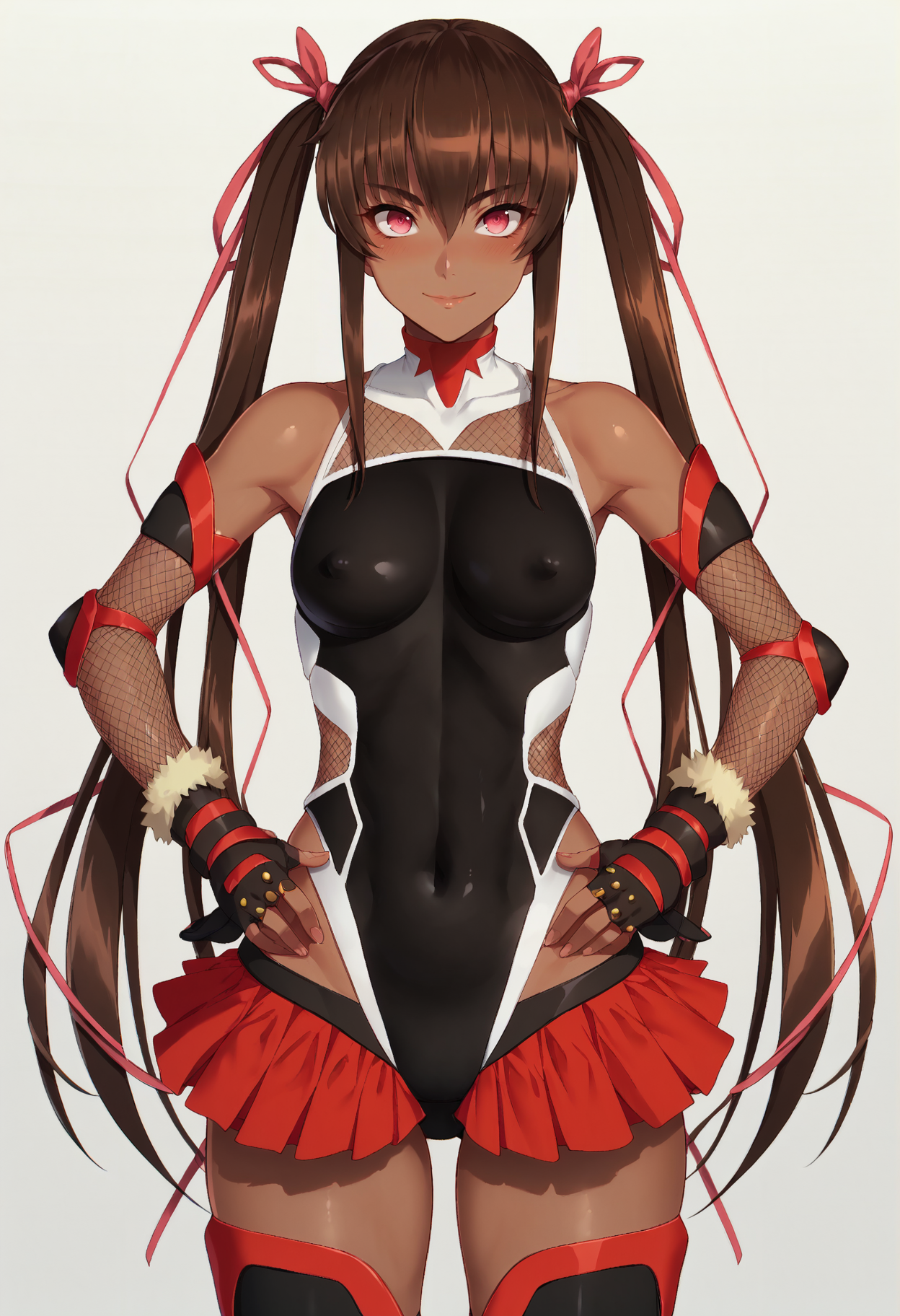 score_9, score_8_up, score_7_up, score_6_up, source_anime,
1girl, solo, konno (tohiro:0.5), 
standing, hands on own hips, 
looking at viewer, smile, blush,  
Mizuki_Yukikaze_SK, 
pink eyes, brown hair, long hair, twintails, hair ribbon, dark-skinned female, 
leotard, showgirl skirt, taimanin suit, thighhighs, elbow gloves, fishnets, 
simple background, white background, 
 <lora:Mizuki_Yukikaze_SK:1>