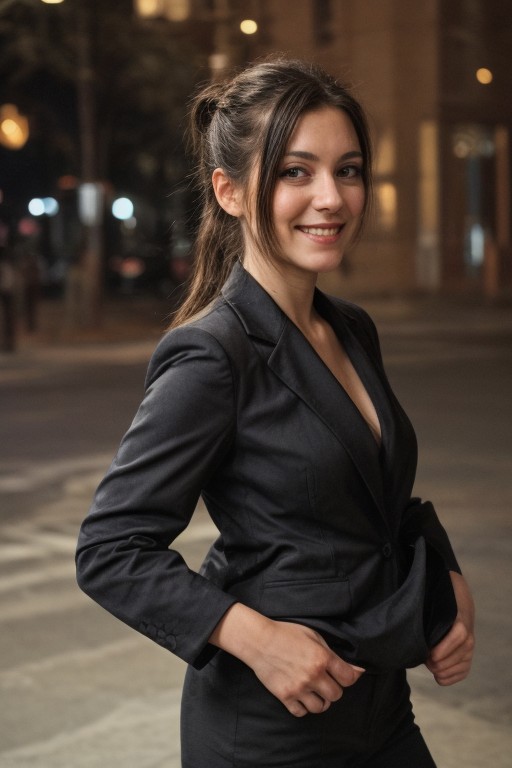 30yo American woman wearing bussiness suit holding a cigarrete
Dark black smooth long hair ponytail. smiling.
Looking at camera.
Dynamic varying pose.
Outside bussiness. Night time,  
Night time, dark.
